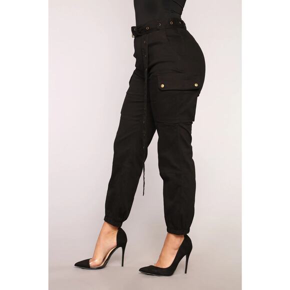 Fashion Nova Black Cargo Chic Pants M | Belted Utility Streetwear Joggers - Picture 3 of 5